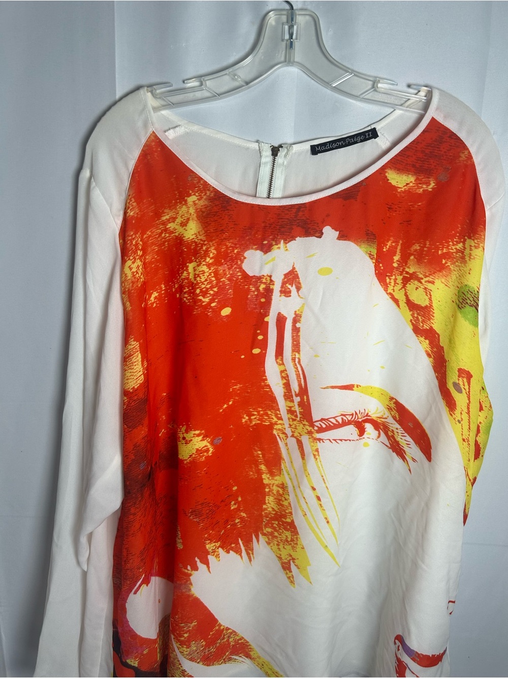 White Blouse with Orange & Yellow Graphic